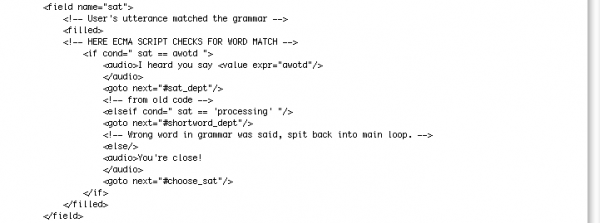 A bit of Tellme code, using Javascript to check the detected word against today's secret word