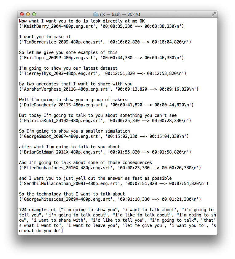 Here we see the filler speech that TEDTalkers use. Using TFIDF and a corpus of common phrases, we could instead find even more specific TED phrases.