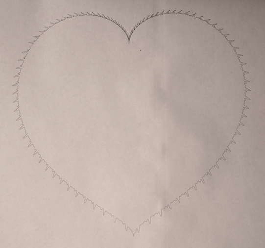 Classic heart image, drawn at about 8" diameter. As in the spiral drawing, the beats are more closely spaced closer to the center. However, the polar graph math that defines the heart puts the center at the point of the cleft of the heart, rather than the centroid of the figure—hence the funny spacing.